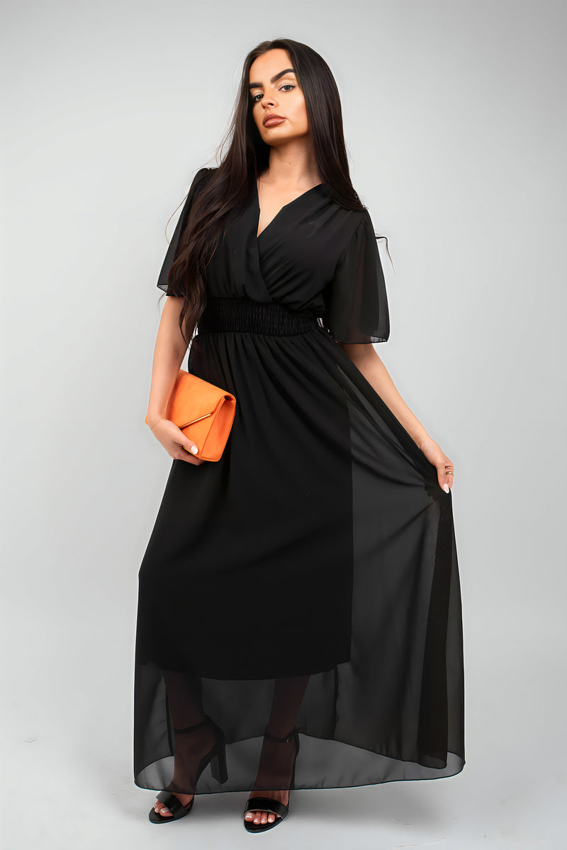 Smocked Waist V Neck Short Sleeve Flowy Maxi Dress