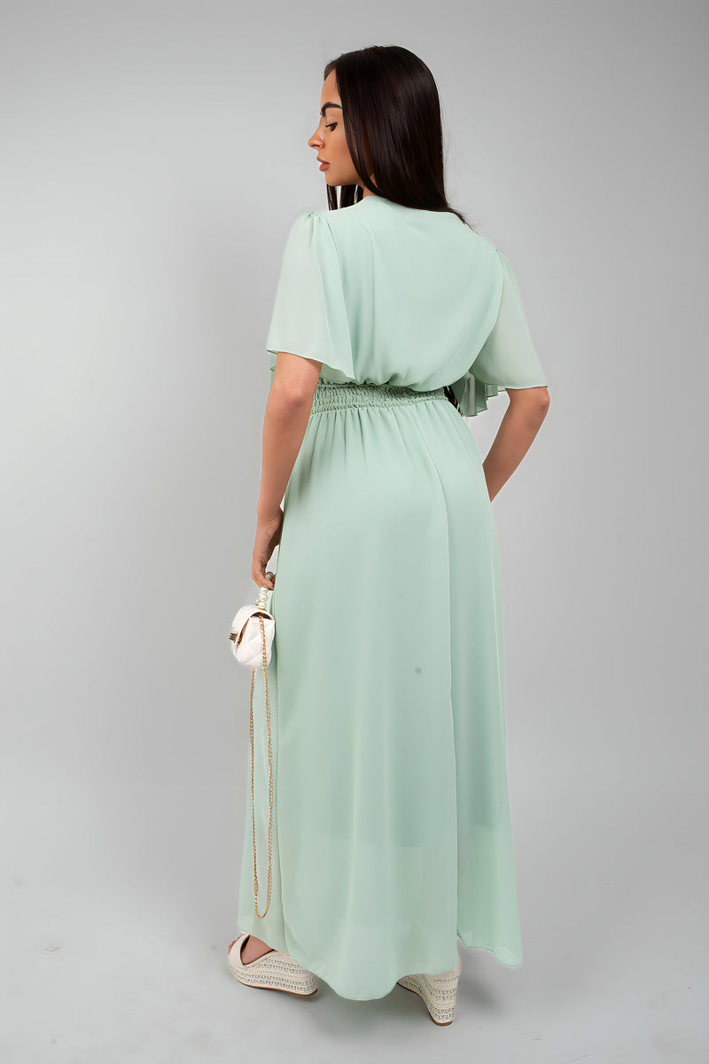 Smocked Waist V Neck Short Sleeve Flowy Maxi Dress