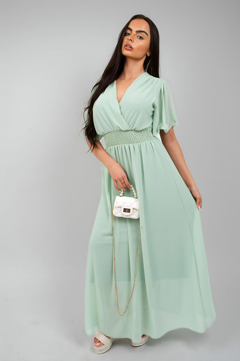 Smocked Waist V Neck Short Sleeve Flowy Maxi Dress