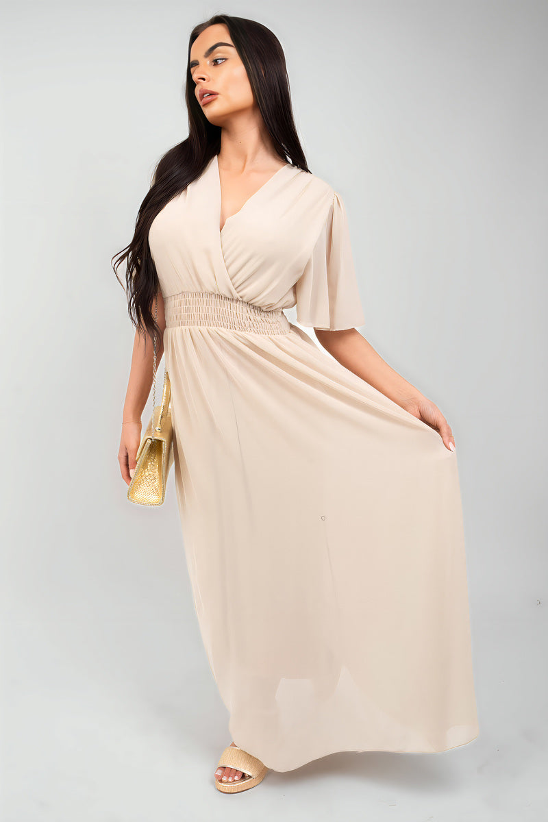 Smocked Waist V Neck Short Sleeve Flowy Maxi Dress