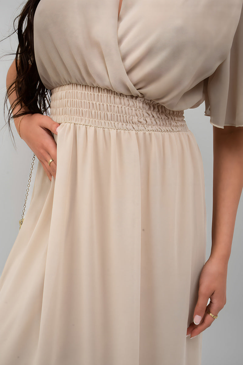 Smocked Waist V Neck Short Sleeve Flowy Maxi Dress