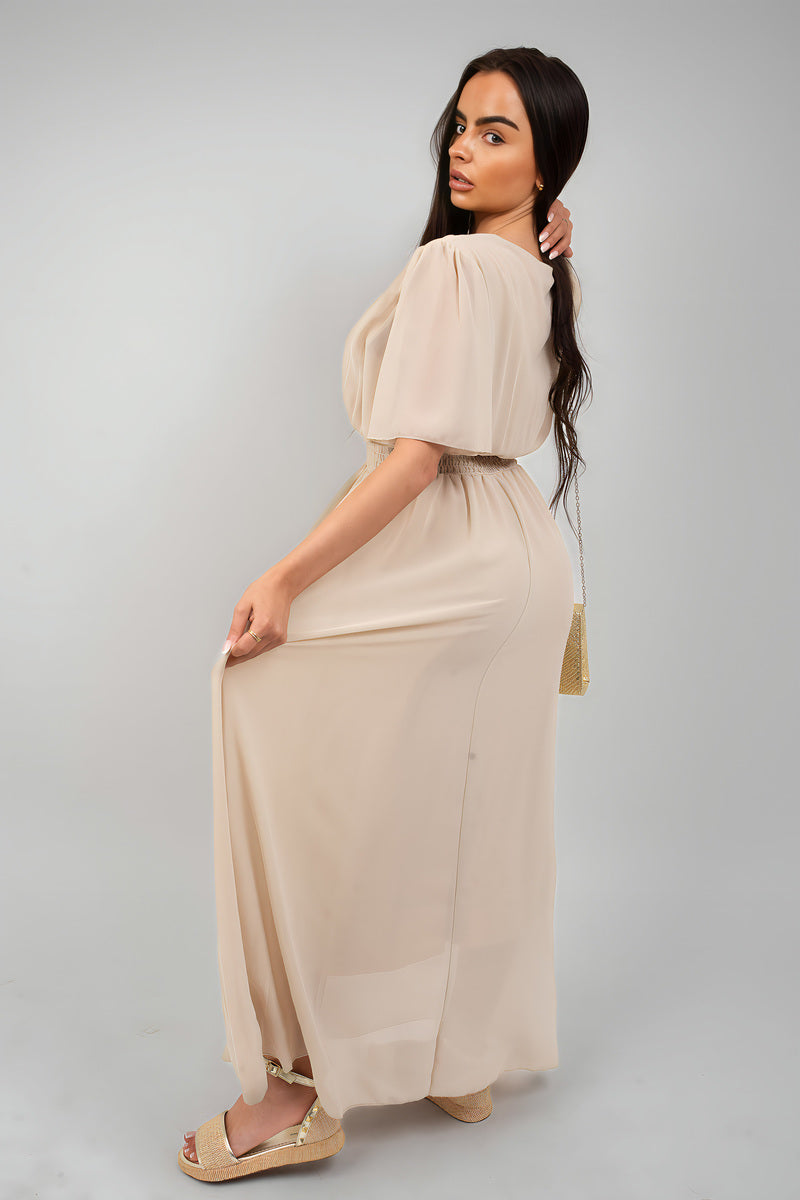 Smocked Waist V Neck Short Sleeve Flowy Maxi Dress