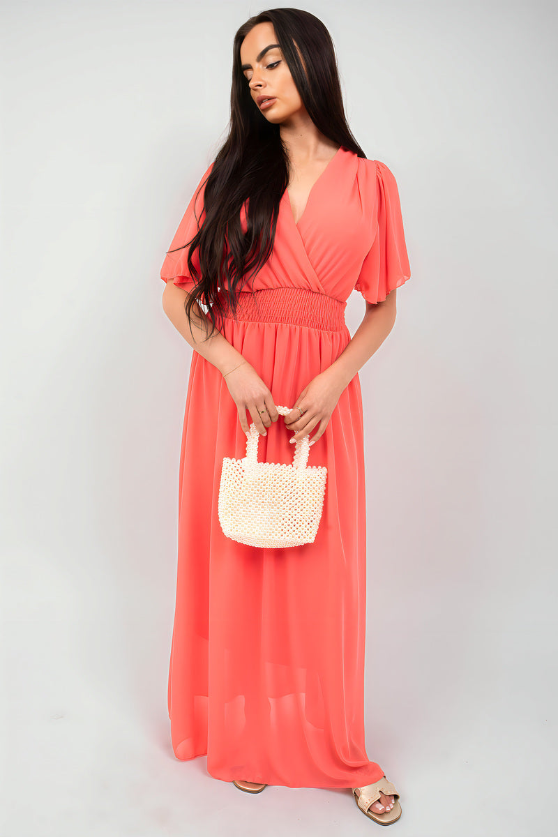 Smocked Waist V Neck Short Sleeve Flowy Maxi Dress