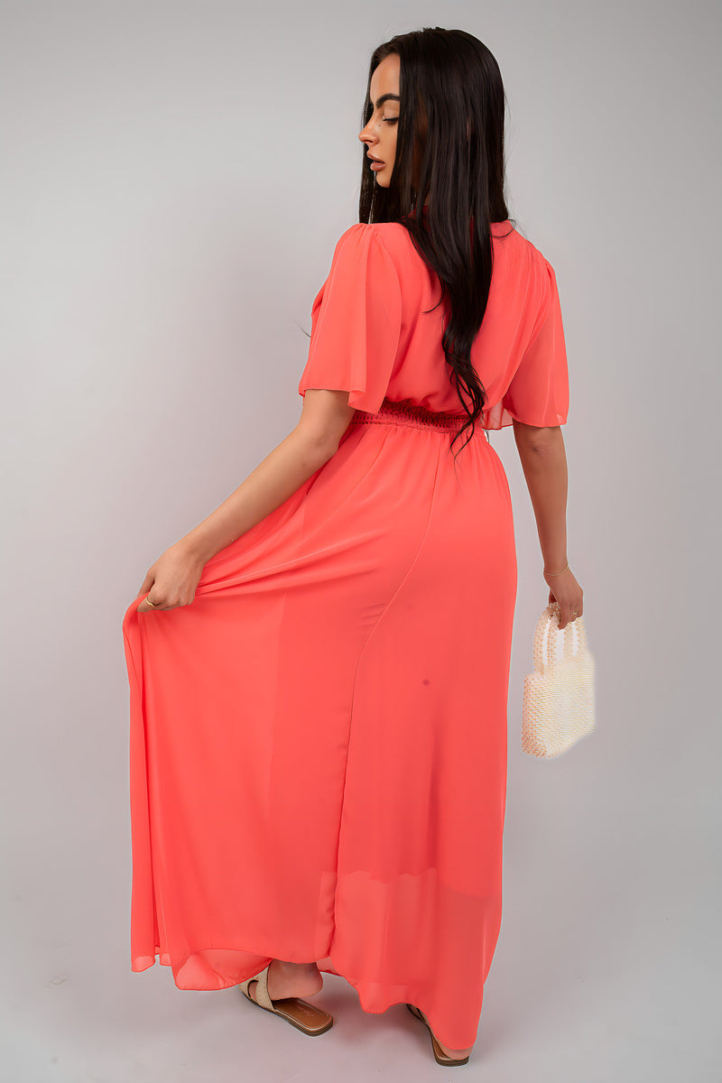 Smocked Waist V Neck Short Sleeve Flowy Maxi Dress