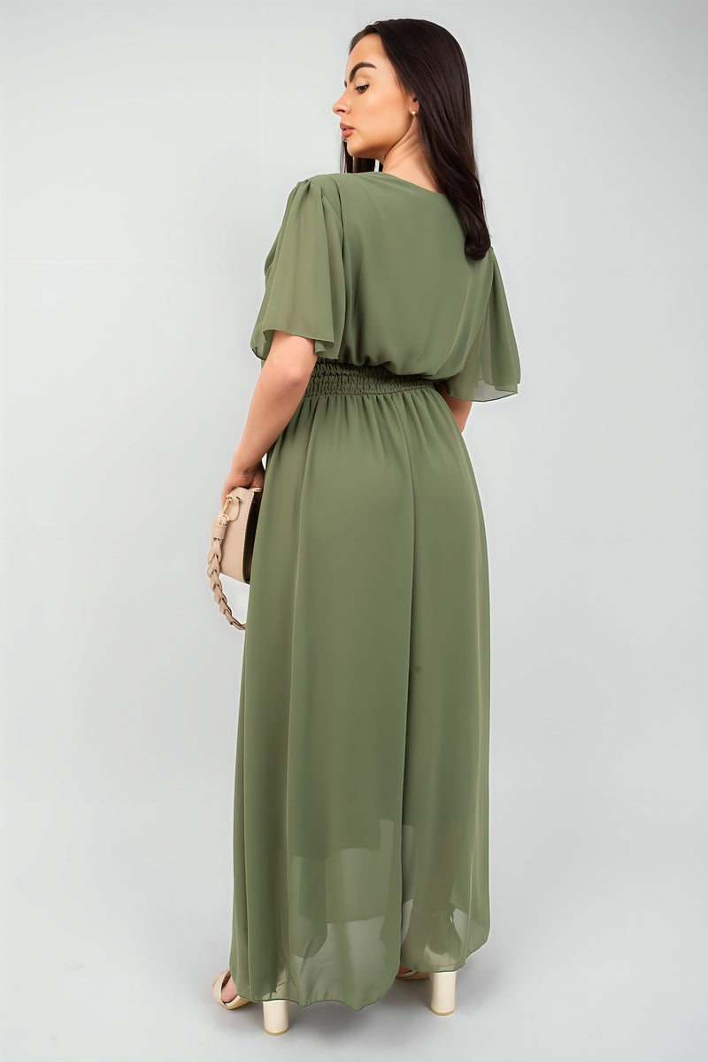 Smocked Waist V Neck Short Sleeve Flowy Maxi Dress