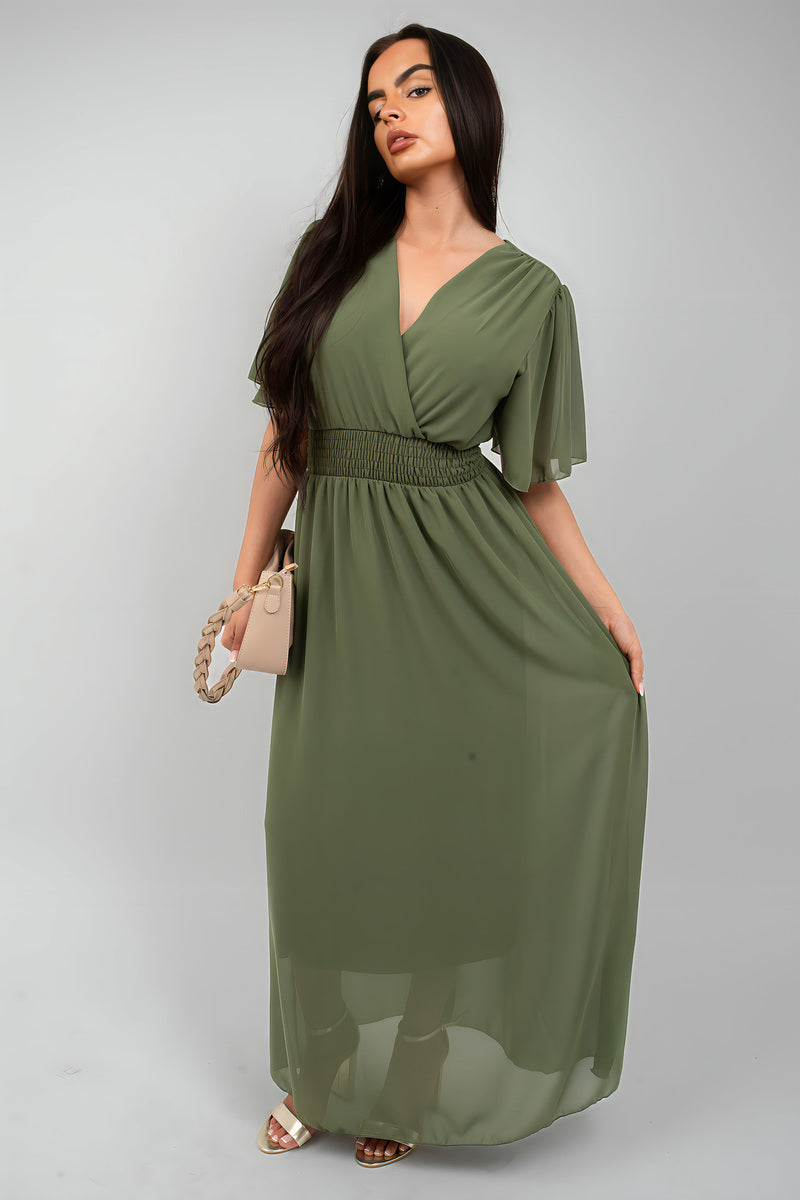 Smocked Waist V Neck Short Sleeve Flowy Maxi Dress
