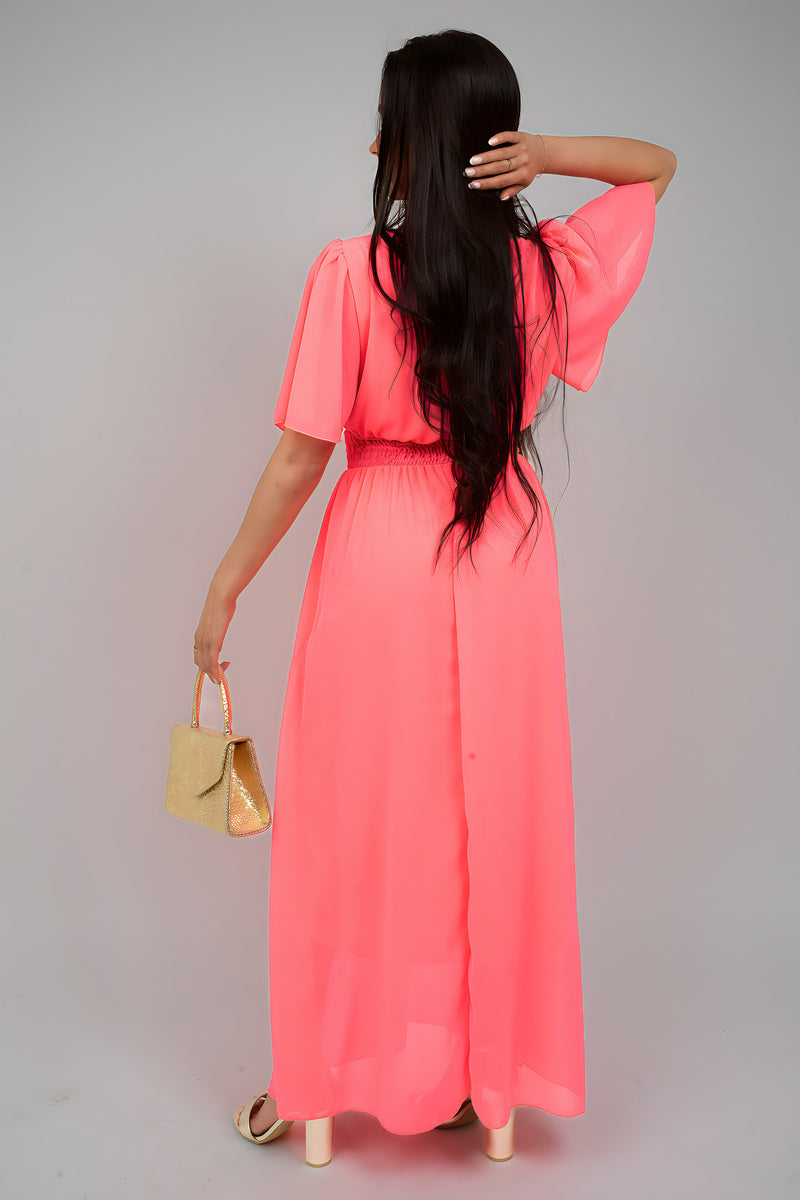 Smocked Waist V Neck Short Sleeve Flowy Maxi Dress