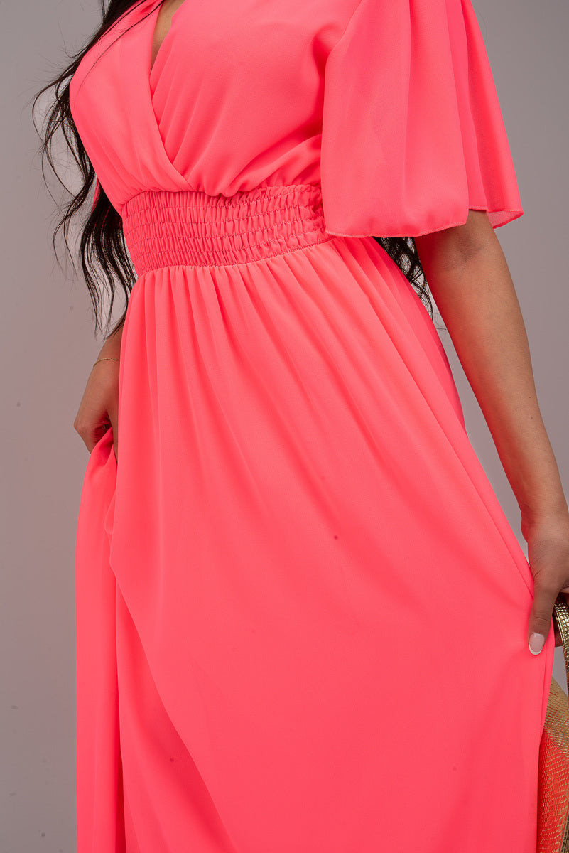 Smocked Waist V Neck Short Sleeve Flowy Maxi Dress