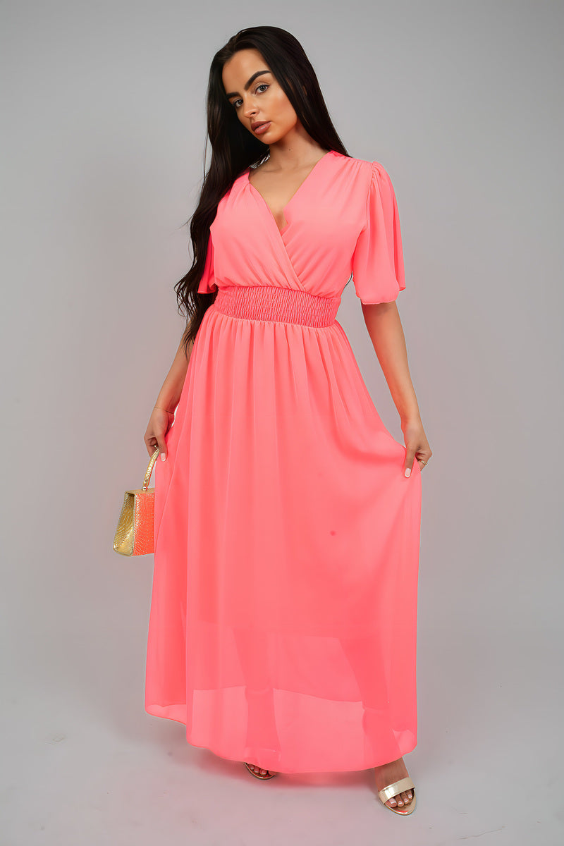 Smocked Waist V Neck Short Sleeve Flowy Maxi Dress