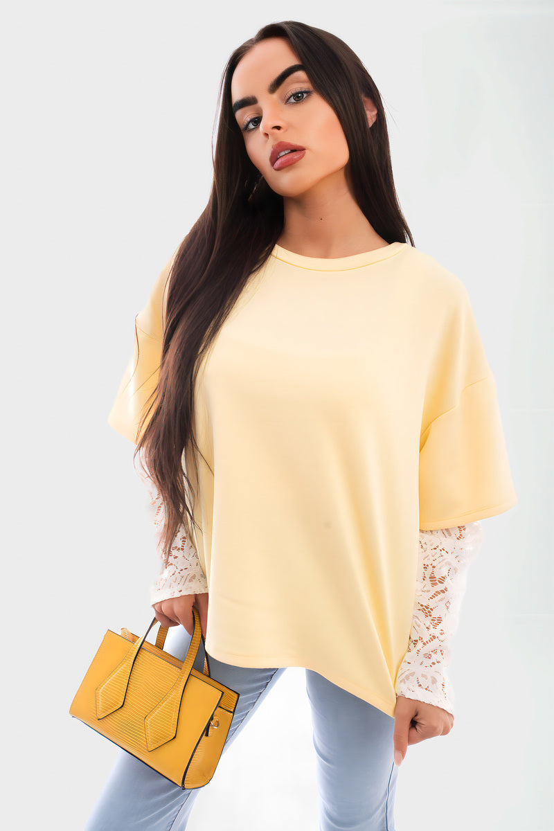 Oversized Long Sleeve Lace Detail Top
