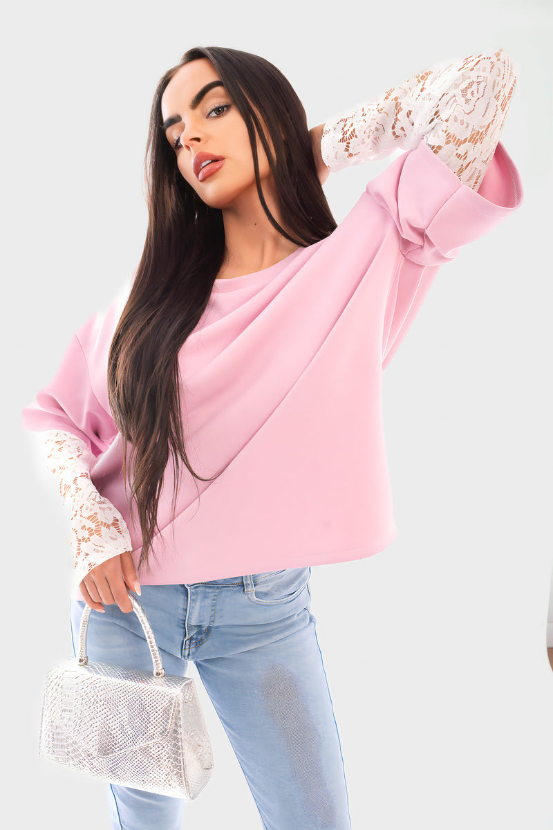 Oversized Long Sleeve Lace Detail Top