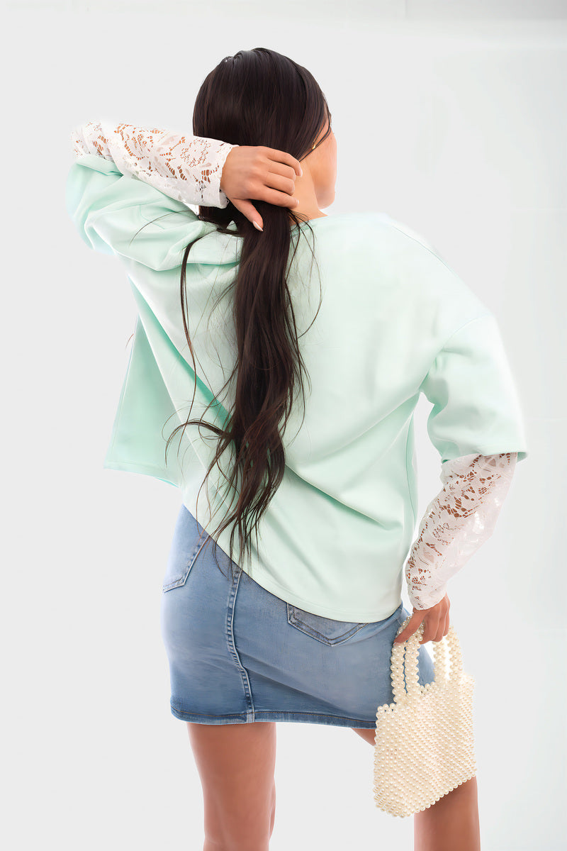 Oversized Long Sleeve Lace Detail Top