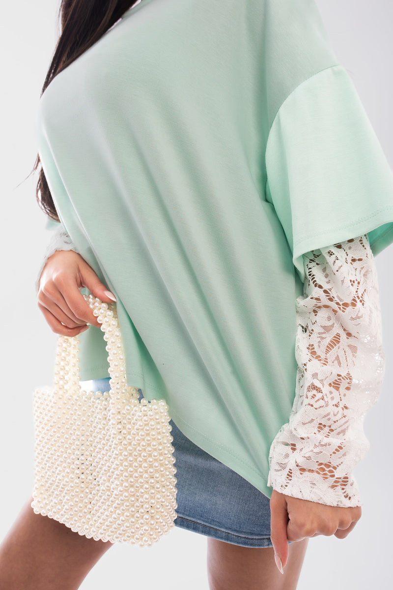 Oversized Long Sleeve Lace Detail Top