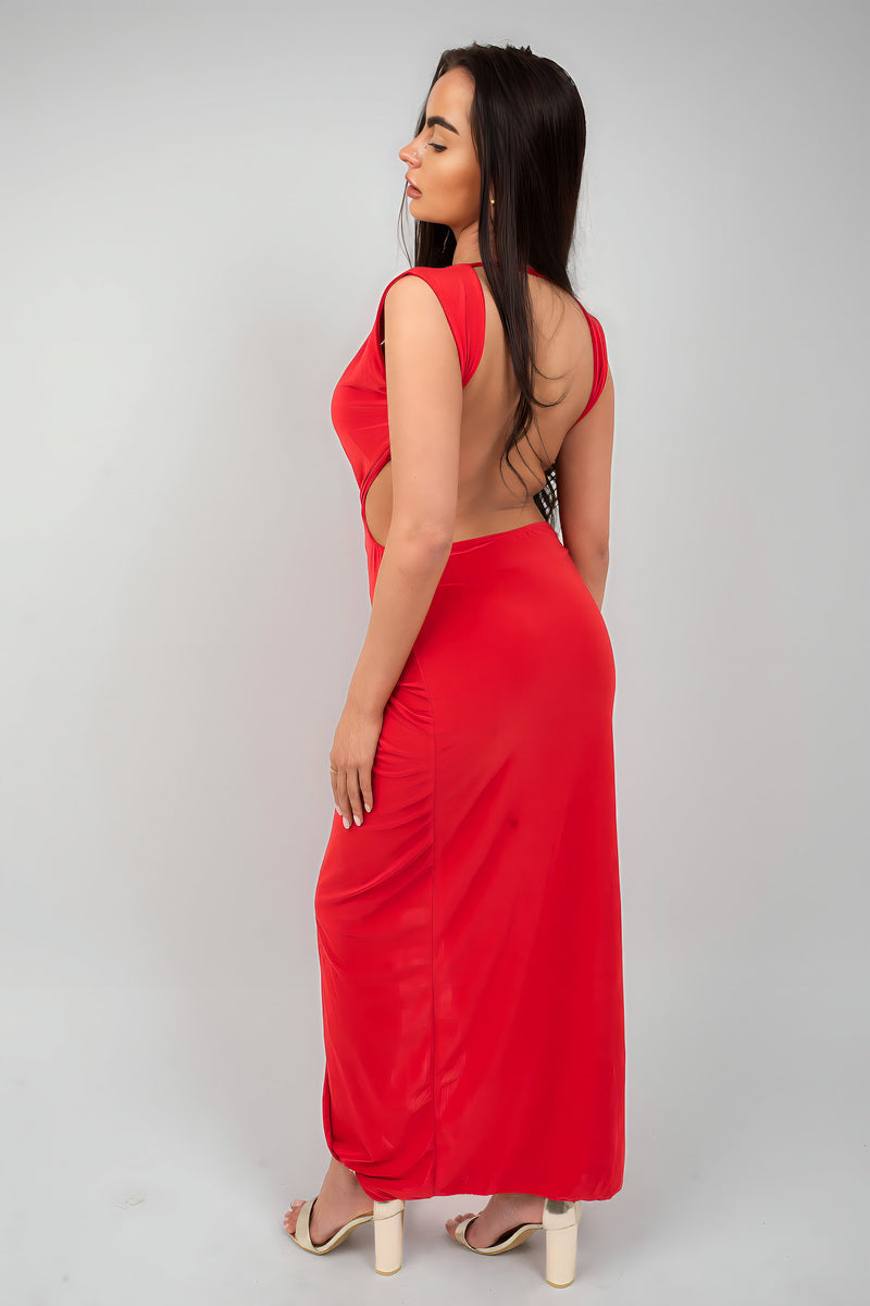 Ruched Backless V Slit Women Bodycon Maxi Dress