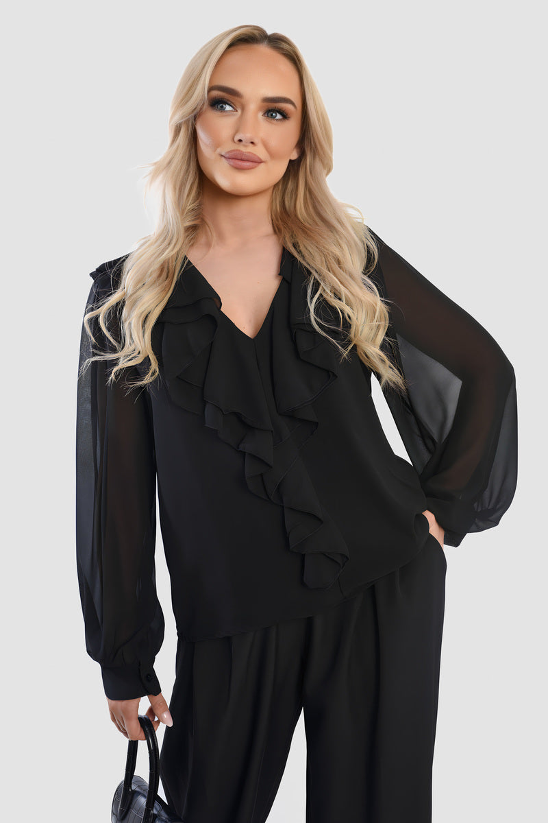 Ruffle Trim Front Long Sleeve Top