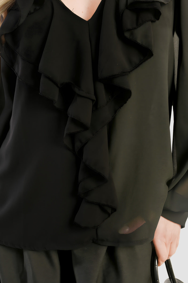 Ruffle Trim Front Long Sleeve Top