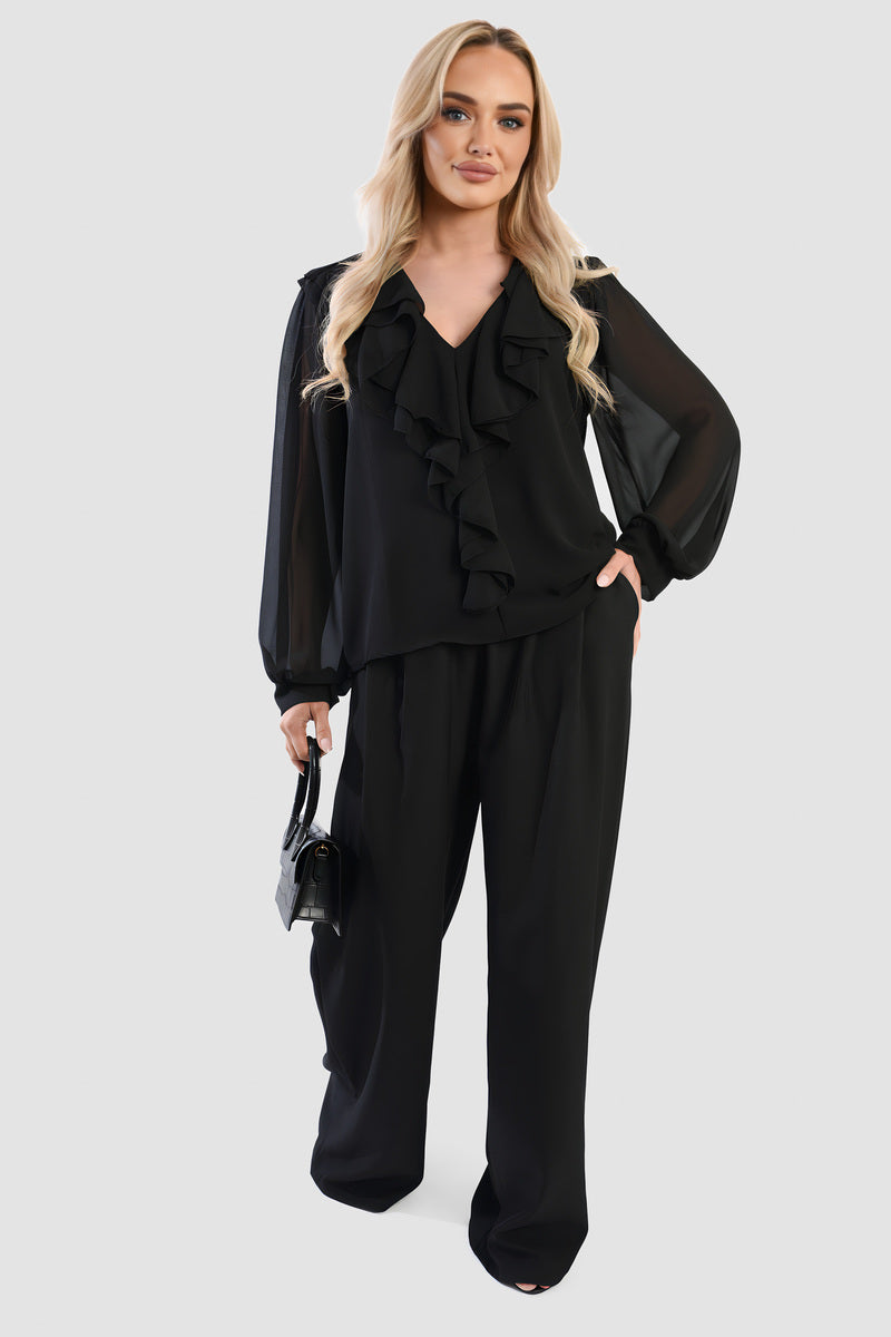 Ruffle Trim Front Long Sleeve Top