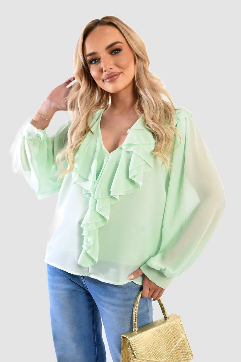 Ruffle Trim Front Long Sleeve Top