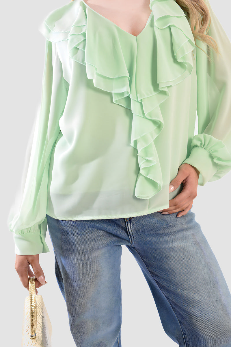 Ruffle Trim Front Long Sleeve Top