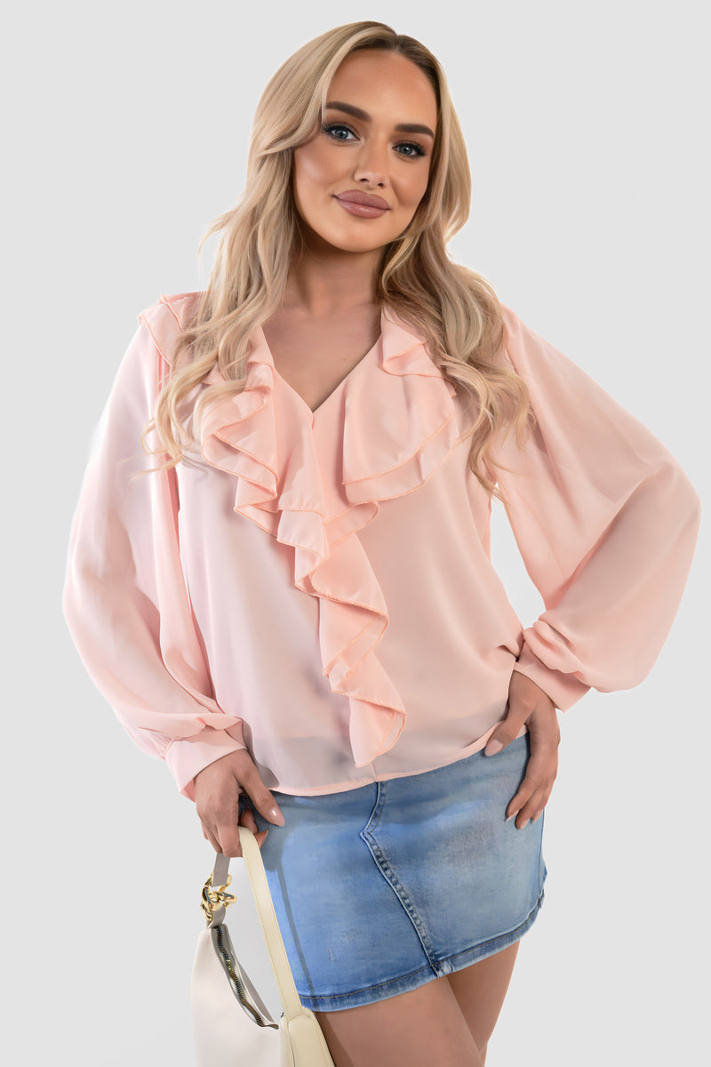 Ruffle Trim Front Long Sleeve Top