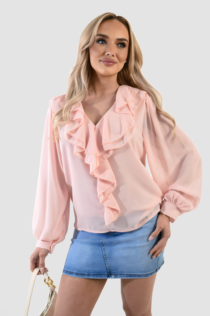 Ruffle Trim Front Long Sleeve Top