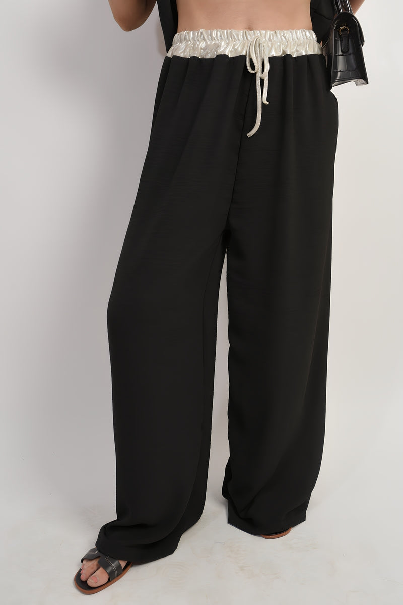 Drawstring Shiny Waist Wide Leg Trouser