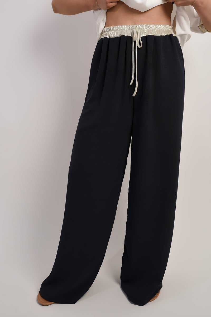 Drawstring Shiny Waist Wide Leg Trouser