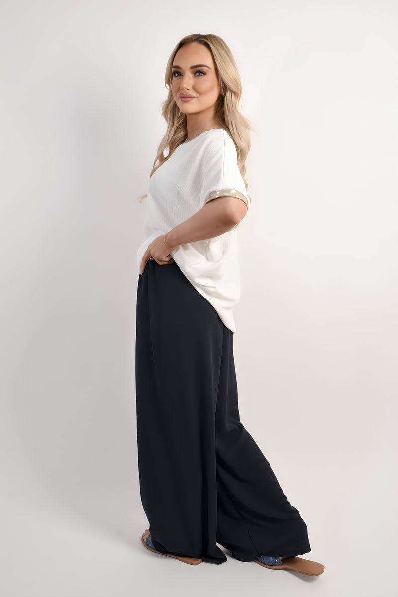 Drawstring Shiny Waist Wide Leg Trouser