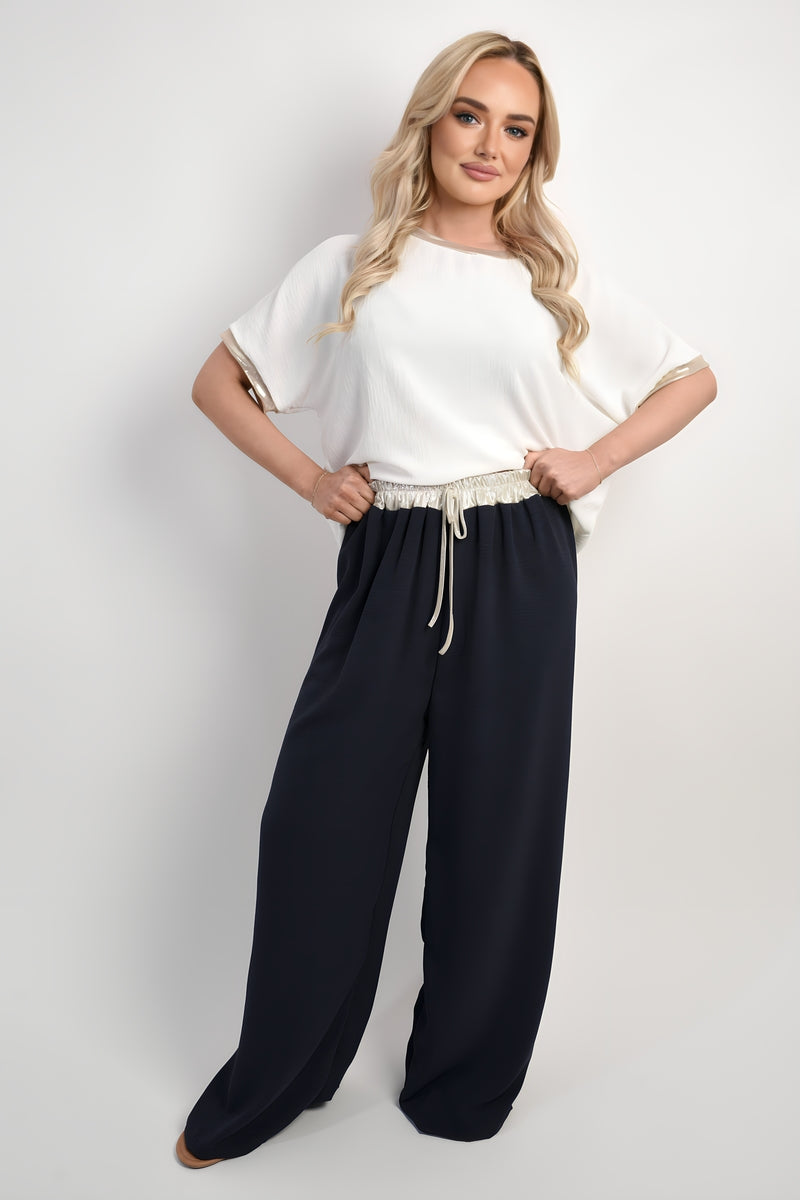 Drawstring Shiny Waist Wide Leg Trouser