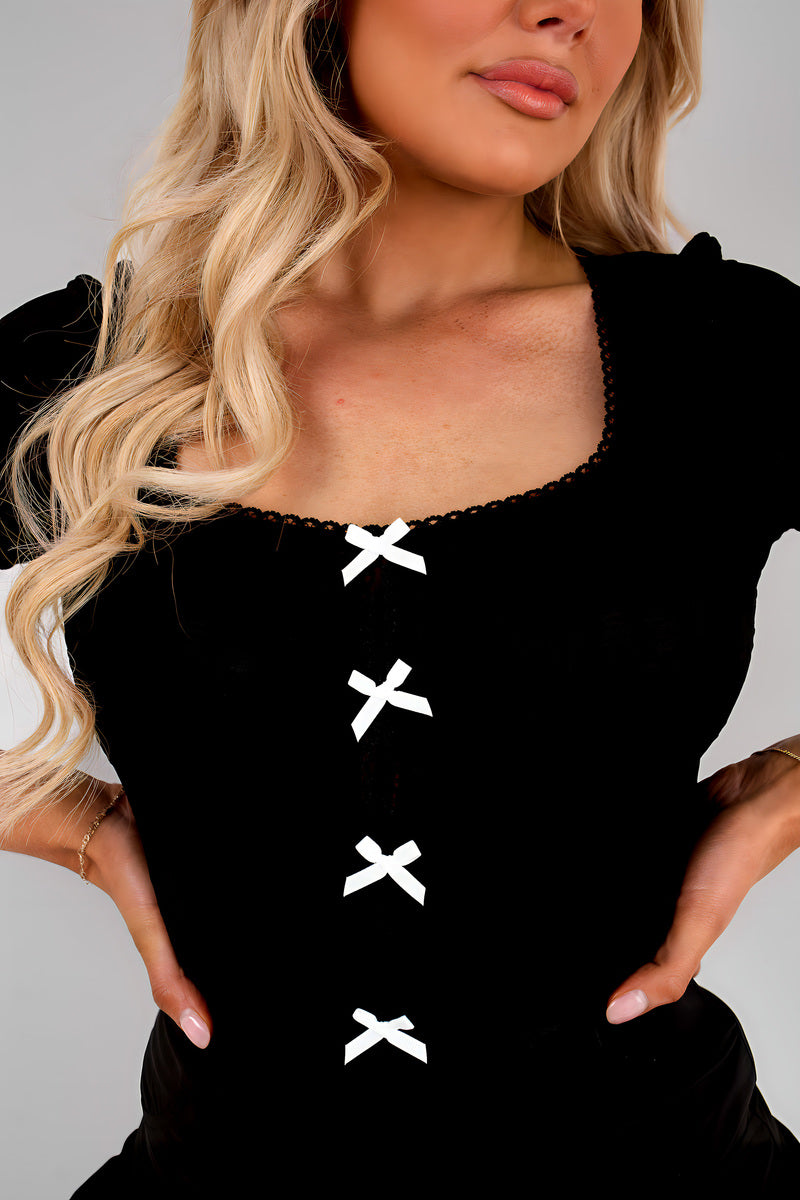 Short Sleeve Square Neck Embroidered Top with Front Bow Detail