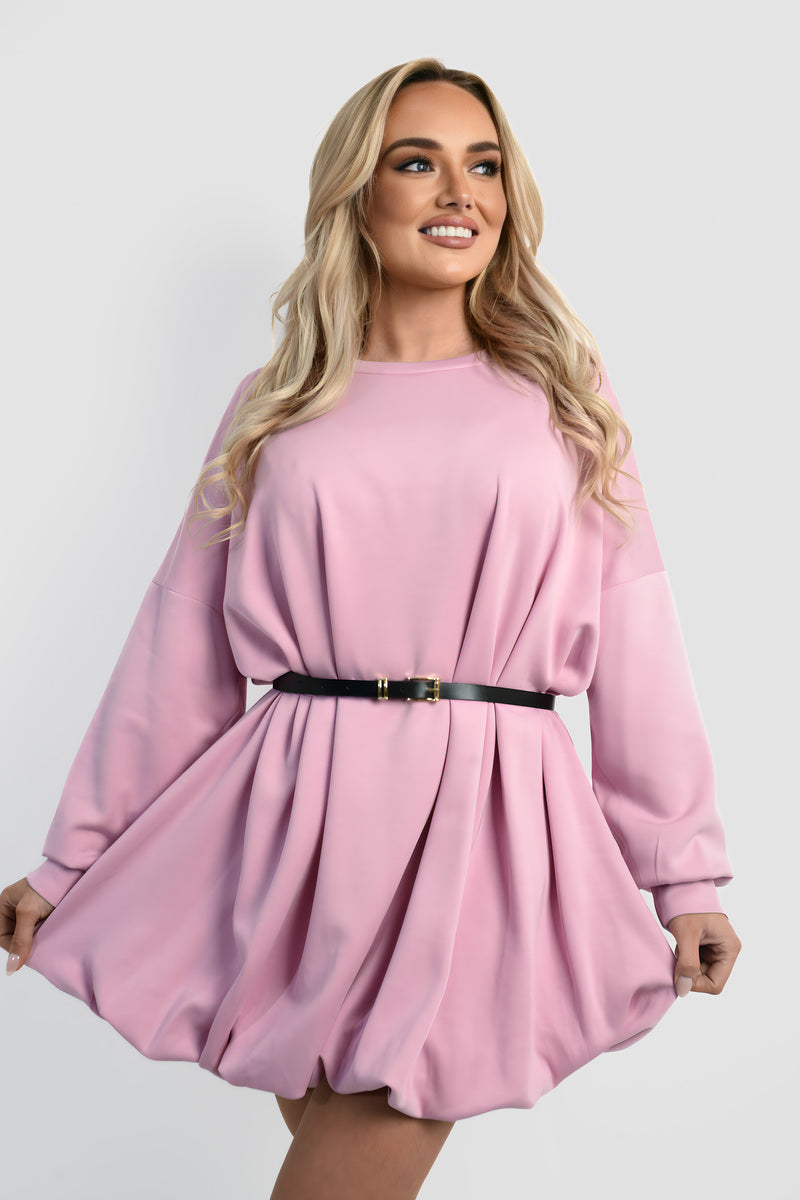 Belted Long Sleeve Mini Balloon Dress
