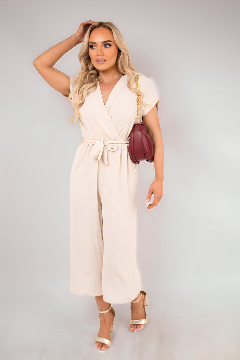 Wrap Short Sleeve Wide Leg Jumpsuit with Tie Waist