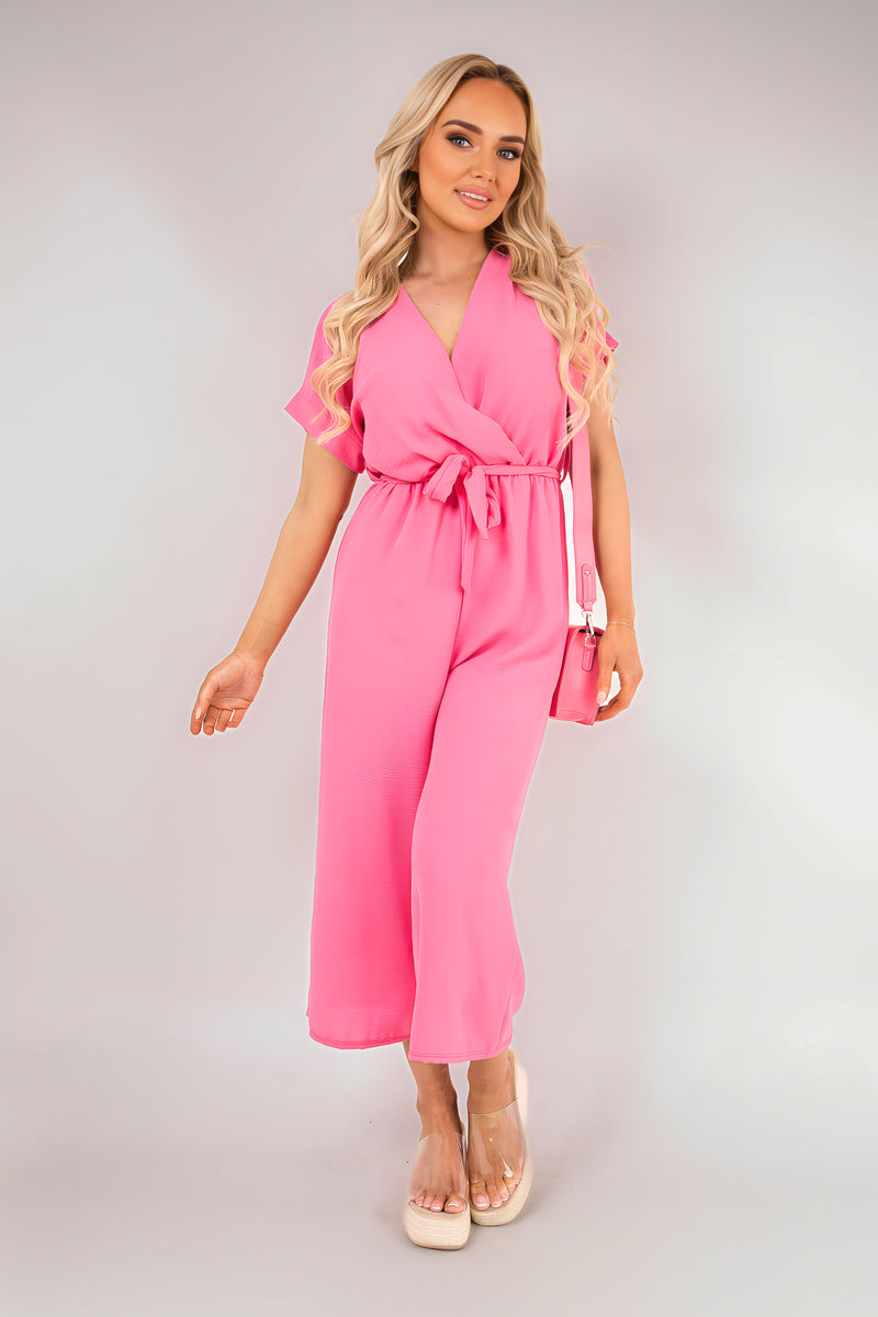 Wrap Short Sleeve Wide Leg Jumpsuit with Tie Waist