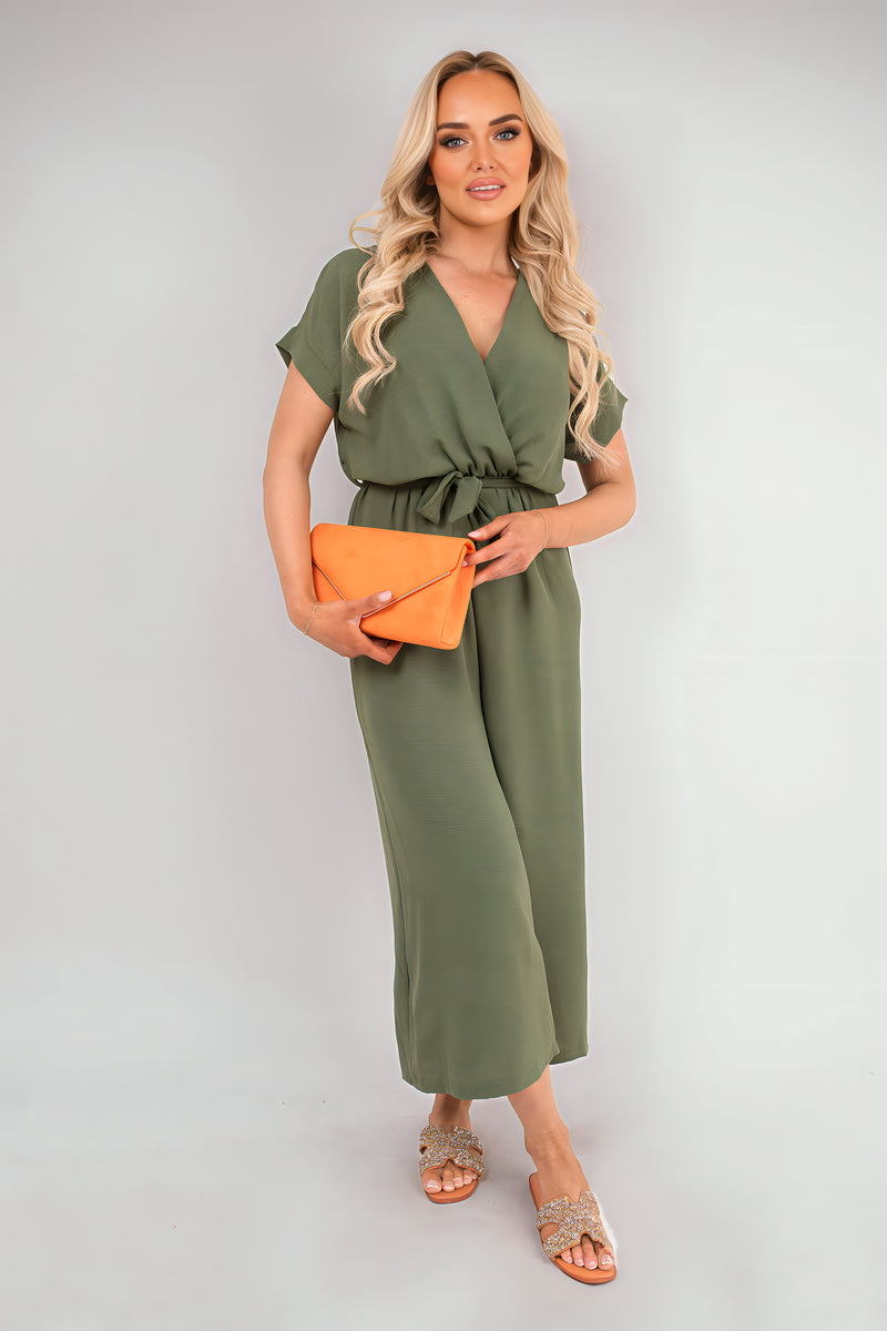 Wrap Short Sleeve Wide Leg Jumpsuit with Tie Waist