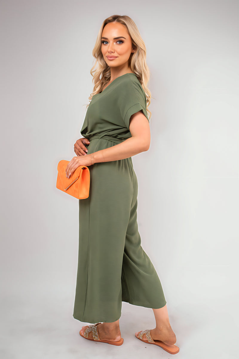 Wrap Short Sleeve Wide Leg Jumpsuit with Tie Waist