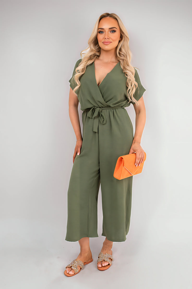 Wrap Short Sleeve Wide Leg Jumpsuit with Tie Waist