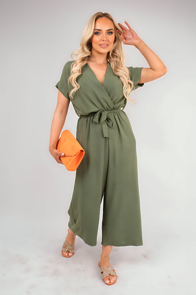 Wrap Short Sleeve Wide Leg Jumpsuit with Tie Waist