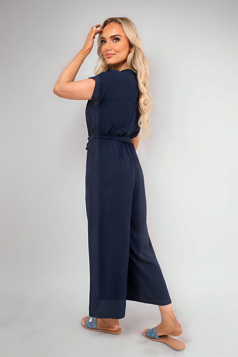 Wrap Short Sleeve Wide Leg Jumpsuit with Tie Waist