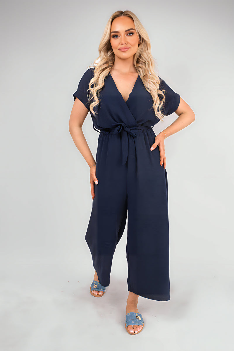 Wrap Short Sleeve Wide Leg Jumpsuit with Tie Waist