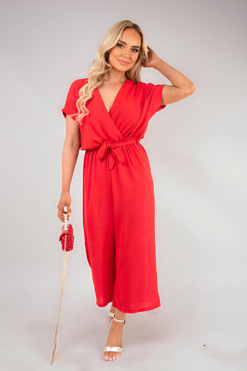 Wrap Short Sleeve Wide Leg Jumpsuit with Tie Waist