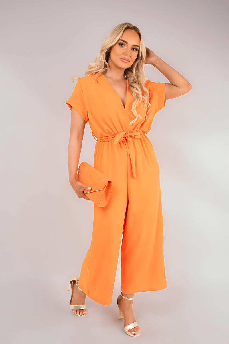 Wrap Short Sleeve Wide Leg Jumpsuit with Tie Waist