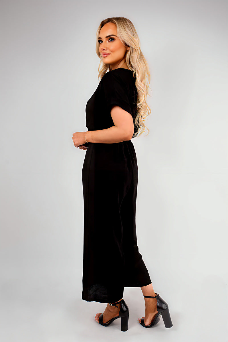 Wrap Short Sleeve Wide Leg Jumpsuit with Tie Waist