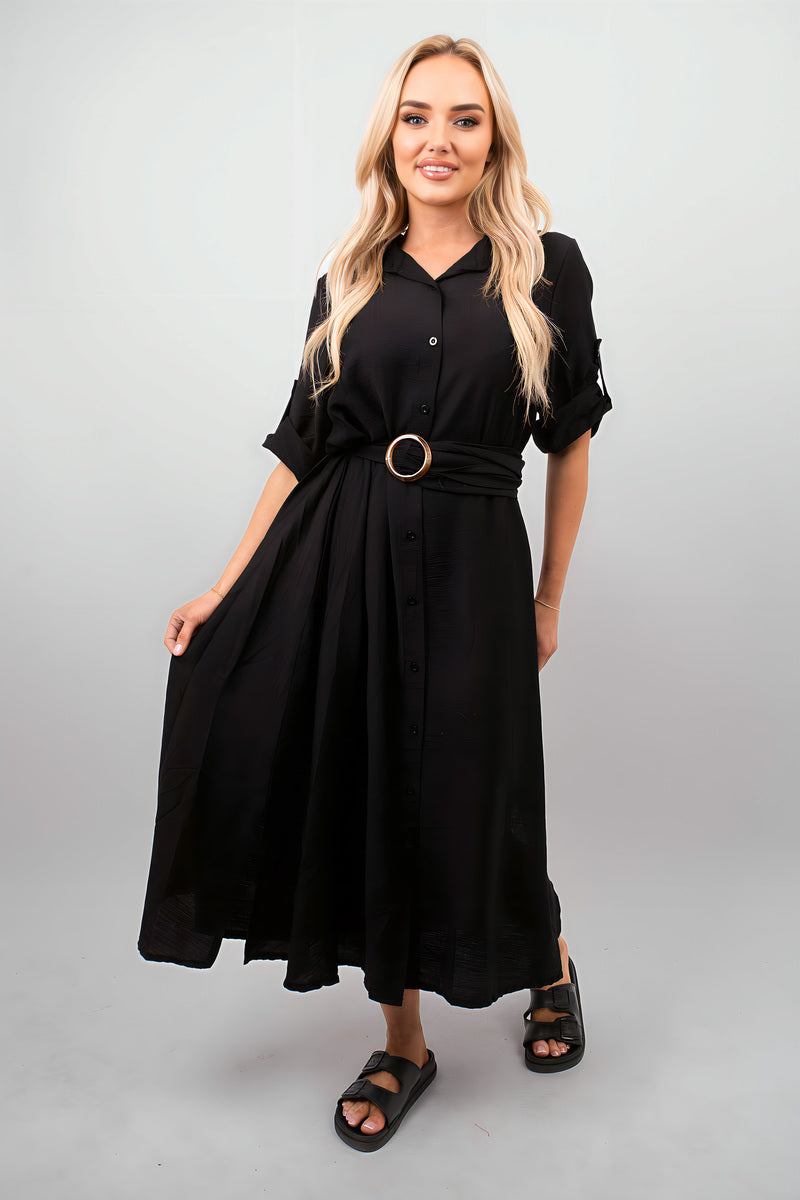 Belted Button Down Roll Tab Sleeve Midi Dress