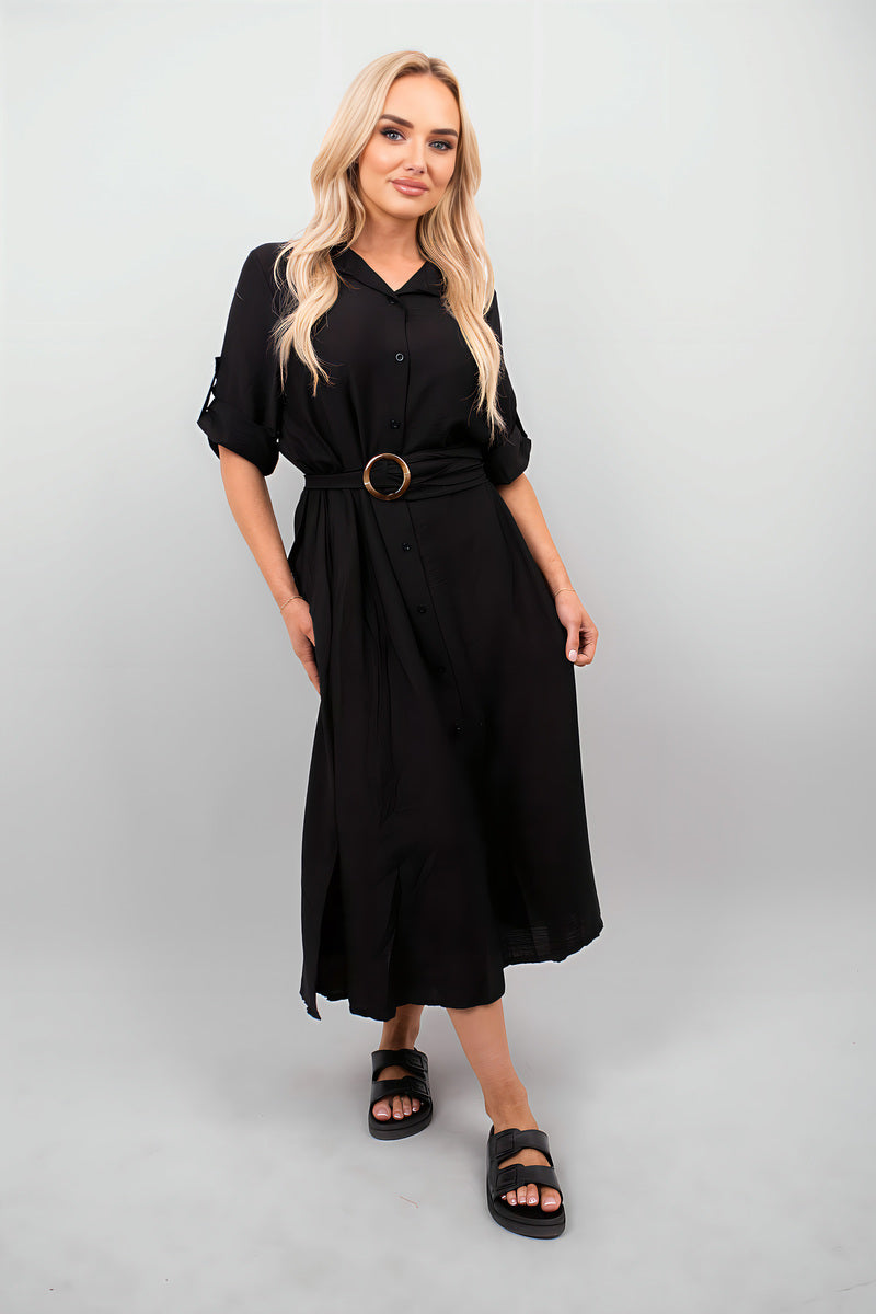 Belted Button Down Roll Tab Sleeve Midi Dress