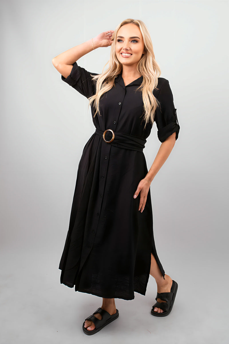 Belted Button Down Roll Tab Sleeve Midi Dress