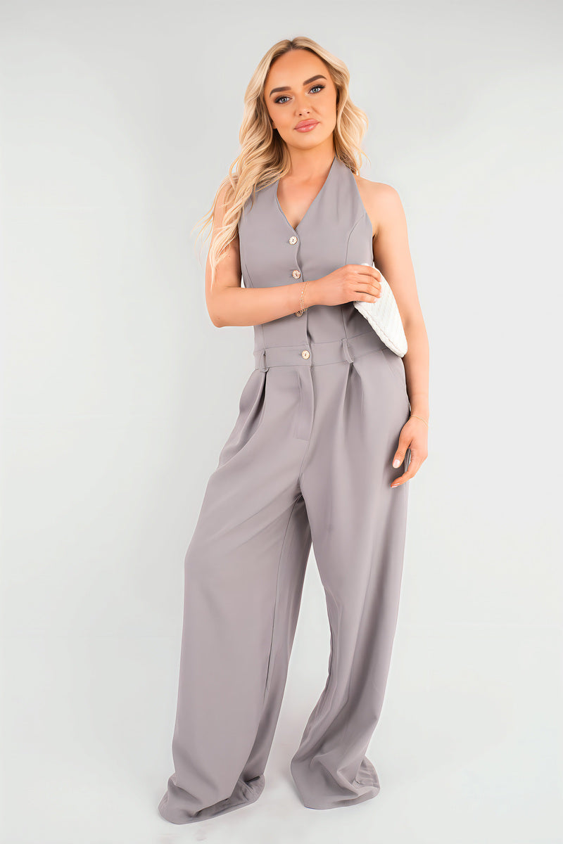 V-Neck Sleeveless Button Front Detail Jumpsuit