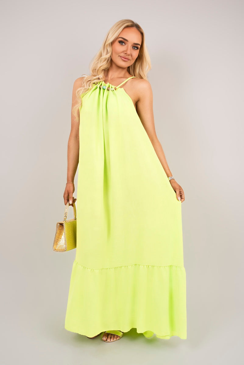 Sleeveless Beaded Halter Neck Maxi Dress with Tiered Hem