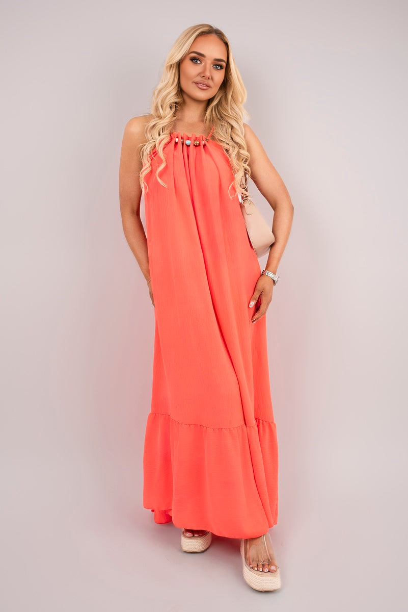 Sleeveless Beaded Halter Neck Maxi Dress with Tiered Hem