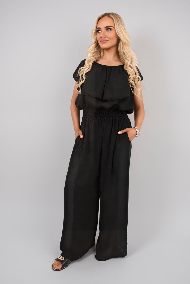 Off Shoulder Flared Wide Leg Jumpsuit with Ruffle Detail