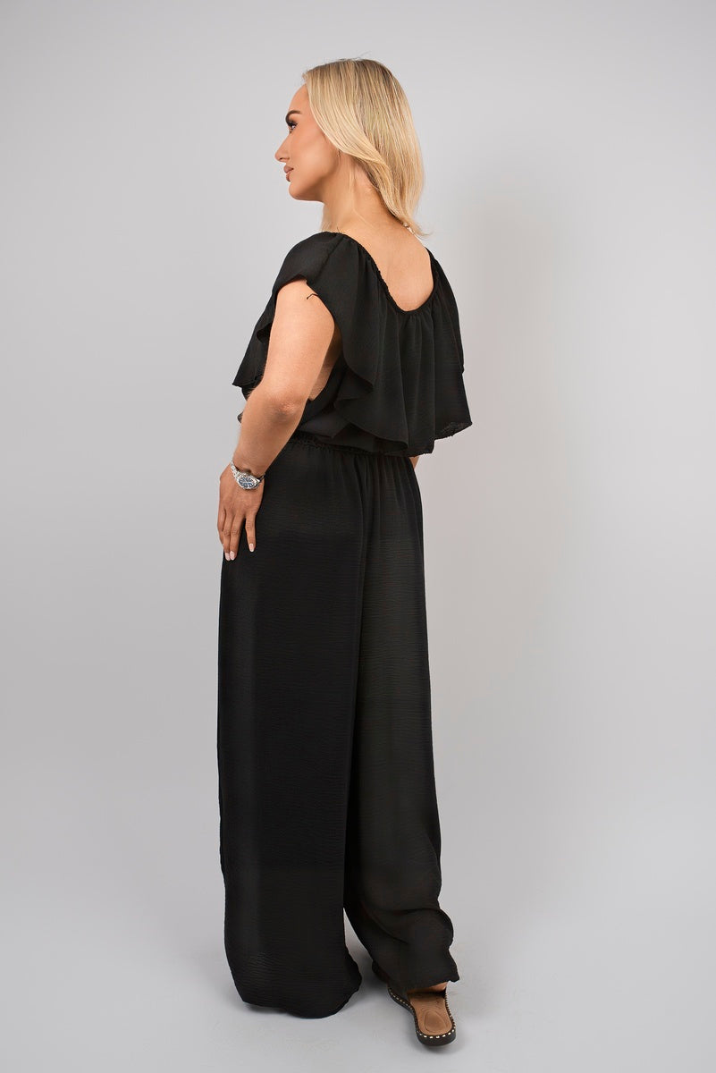 Off Shoulder Flared Wide Leg Jumpsuit with Ruffle Detail